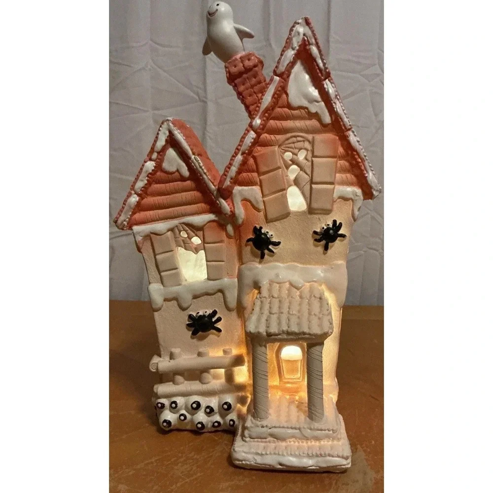 Halloween Gingerbread Pink Pastel Haunted House with Ghost 13.5 